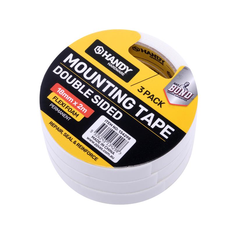 Handy Hardware Mounting Tape Double Sided 18mm x 2m Flexi Foam 3Pack