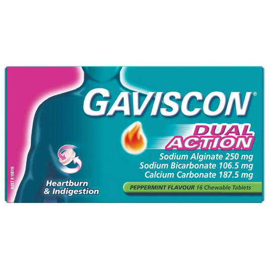 Gaviscon Dual Action Heartburn & Indigestion Peppermint Flavour 16 Chewable Tablets