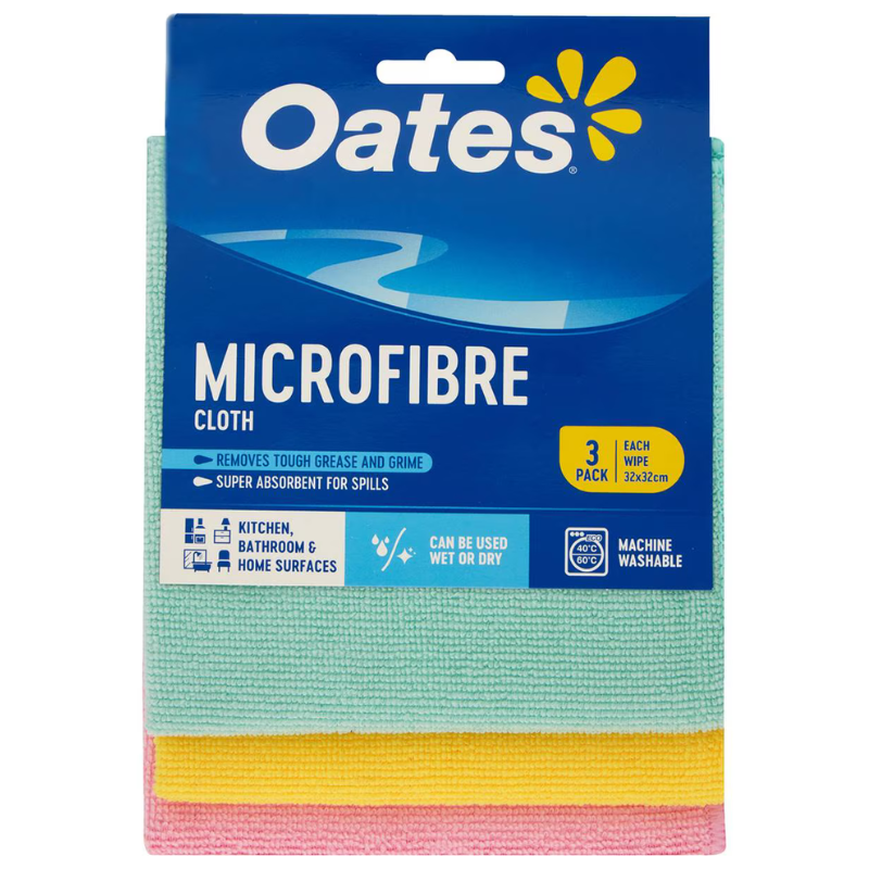 Oates Microfibre Cloth Assorted Colours 3 Pack 32cm x32cm