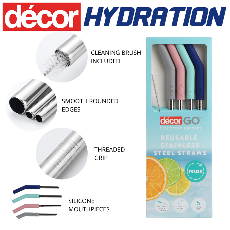 Décor Reusable Stainless Steel Straws 5 Piece Set