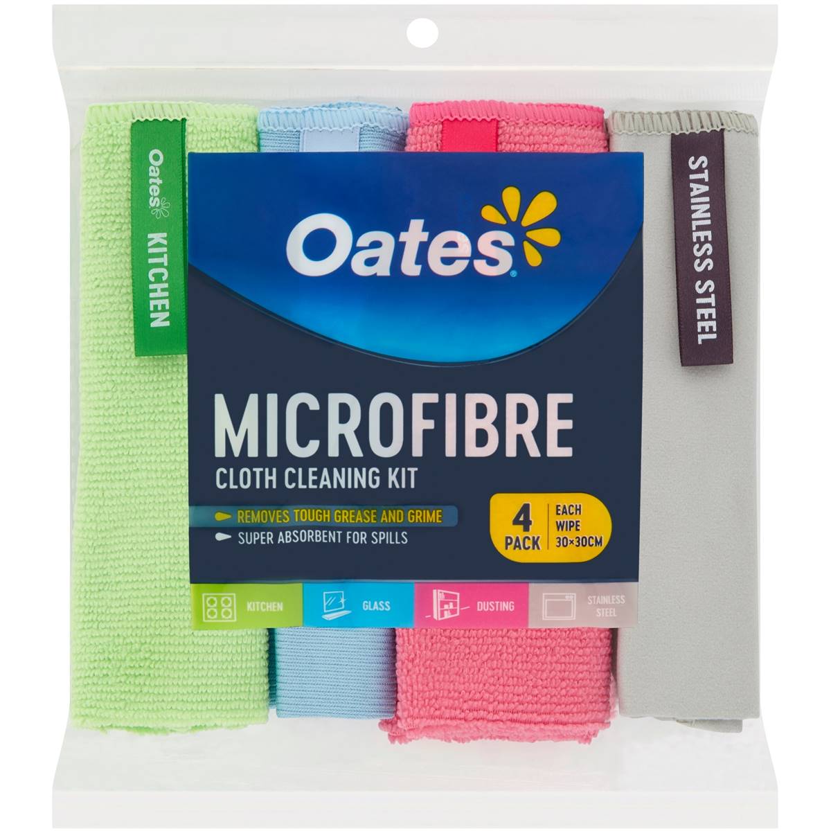 Oates Microfibre Cloth Cleaning Kit Assorted Colours 4 Pack