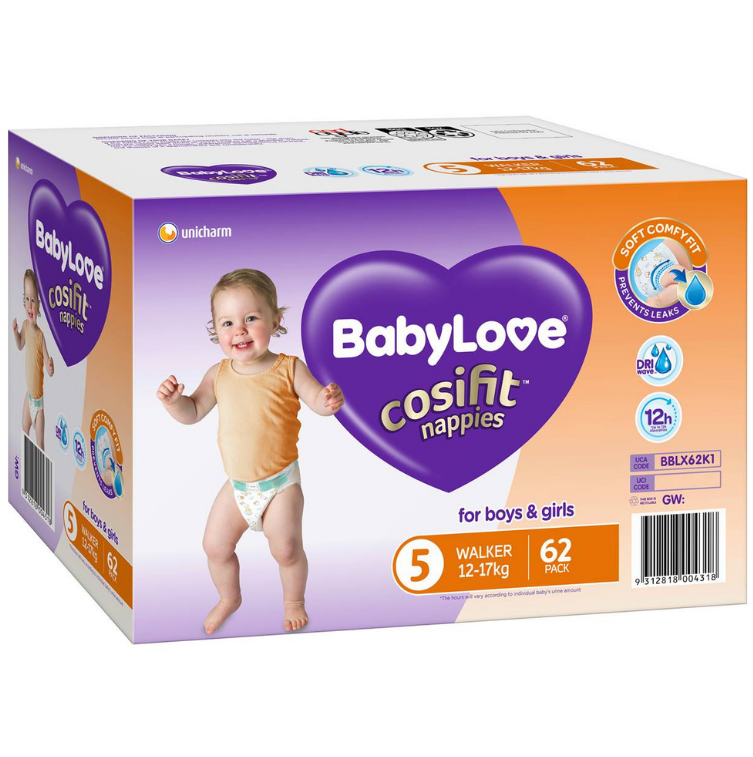 Babylove Cosifit Nappies Walker Jumbo 5 12-17kg 62 pack