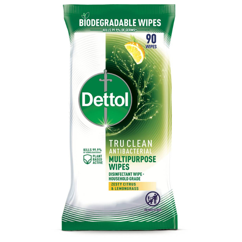 Dettol Biodegradable Wipes Antibacterial Zesty Citrus & Lemongrass 90 Pack