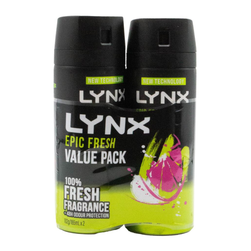 Lynx Pk2 x 165ml Epic Fresh Grapefruit & Tropical Pineapple Scent Deodarant Body Spray