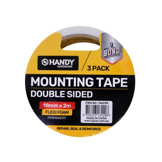 Handy Hardware Mounting Tape Double Sided 18mm x 2m Flexi Foam 3Pack