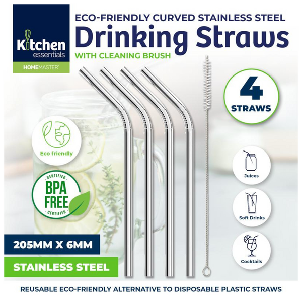 Home Master Eco-Friendly Curved Stainless Steel Drinking Straw With Cleaning Brush 5 Pieces