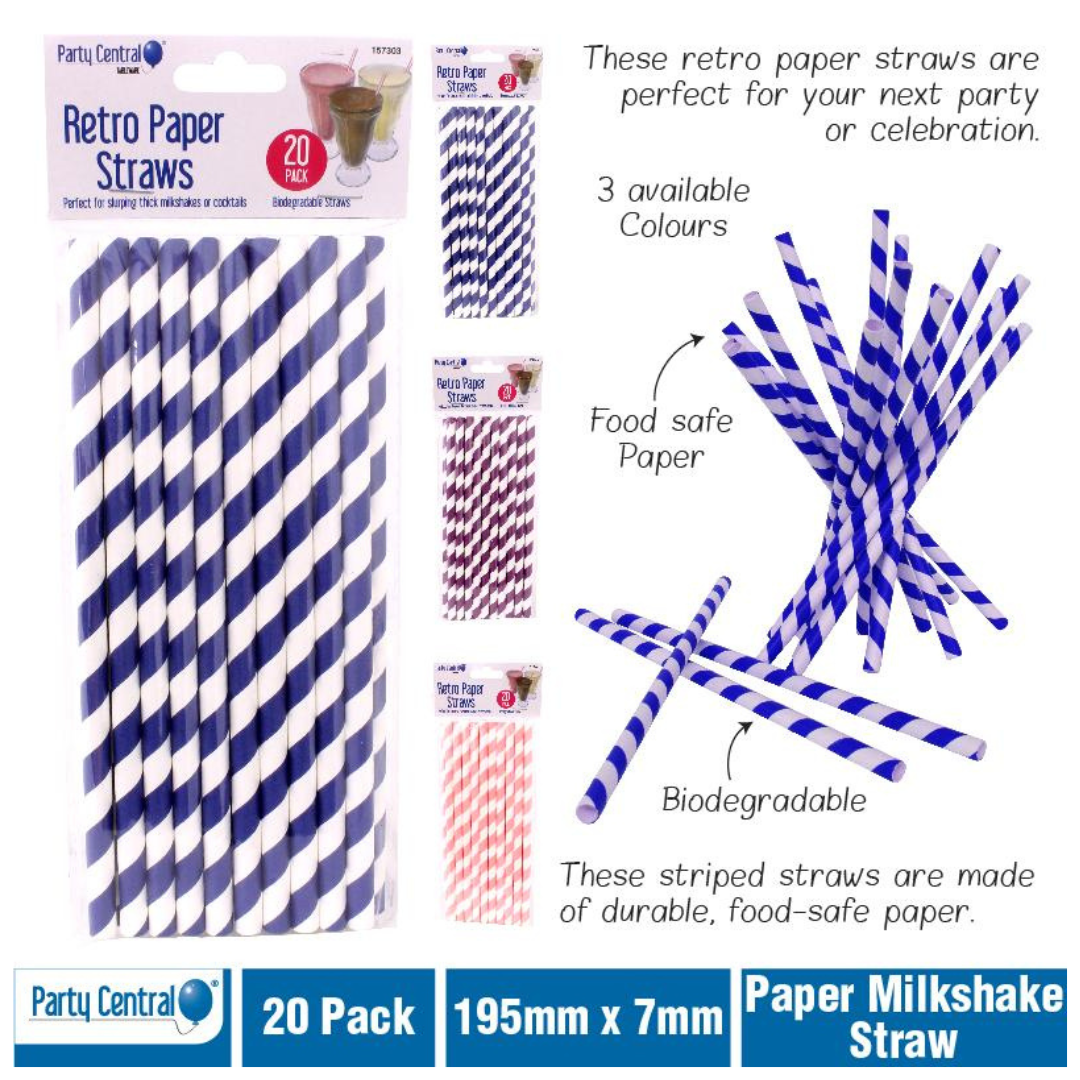 Party Central Retro Striped Paper Straws Assorted Colours 19.5cm x 8mm 20Pack