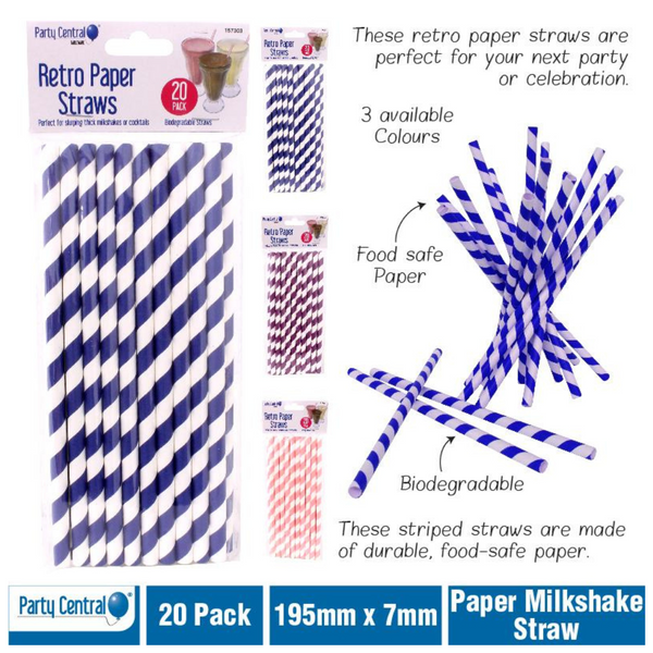Party Central Retro Striped Paper Straws Assorted Colours 19.5cm x 8mm 20Pack