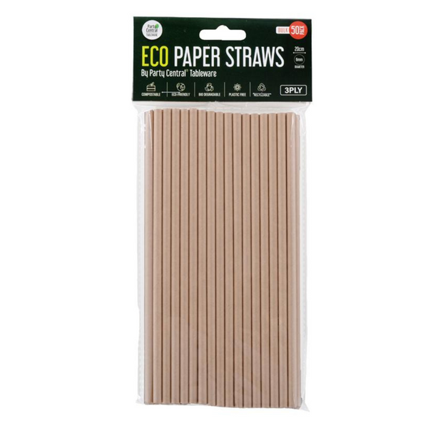 Party Central Eco Paper Straws 20cm x 6xm 50Pack
