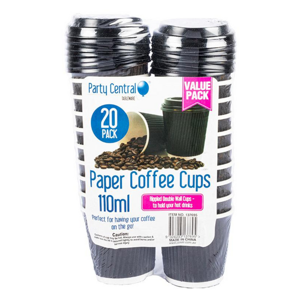 Party Central Paper Coffee Cups With Lid 110ml 20Pack