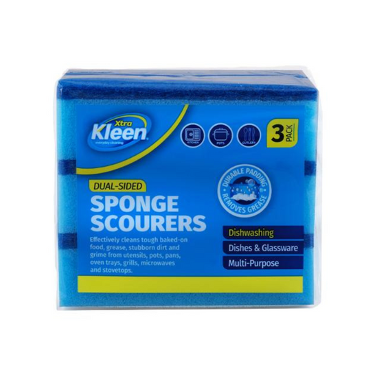 Xtra Kleen Dual-Sided Sponge Scourers 3 Pack 12.5 x 8.3 x 3.5cm