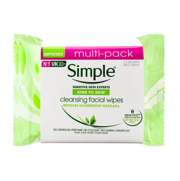 Simple Kind To Skin Cleansing Facial Multi=Pack 2 x 25 Wipes