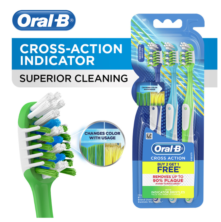 Oral-B Cross Action With Indicator Bristles Toothbrush Soft 3 Pack Assorted Colours