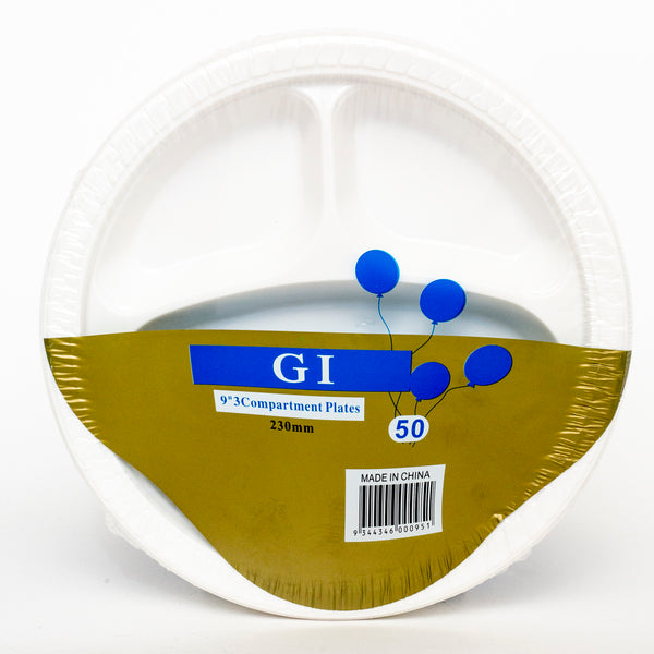 G I 9" Plastic 3-Compartment Plates 230mm 50 Pieces