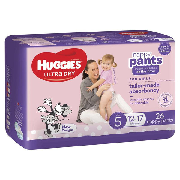 Huggies Ultra Dry Nappy Pants Girls Size5 12-17Kg 26 Pack