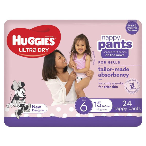 Huggies Ultra Dry Nappy Pants Girls Size6 15Kg & Over 24 Pack