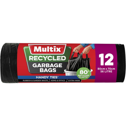 Multix Recycled Garbage Bags Handy Ties 12 Pack 80cm x 70cm 56 Litre