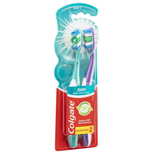 Colgate Toothbrush 360 Soft 2Pk Assorted Colours