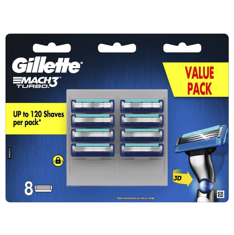 Gillette Mach3 Turbo 3d Razor Blades 8 Cartridge