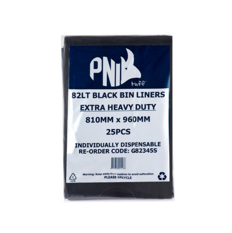 Pnik 82L Black Bin Liners Extra Heavy Duty 810mm x 960mm 25pcs