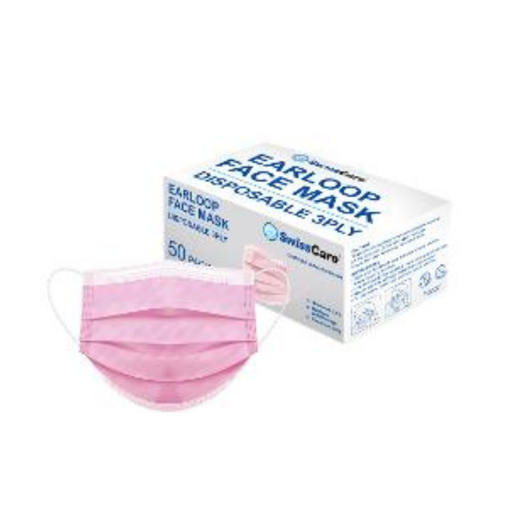 Swiss Care Earloop Face Mask Disposable 3 Ply Pink 50 Pack