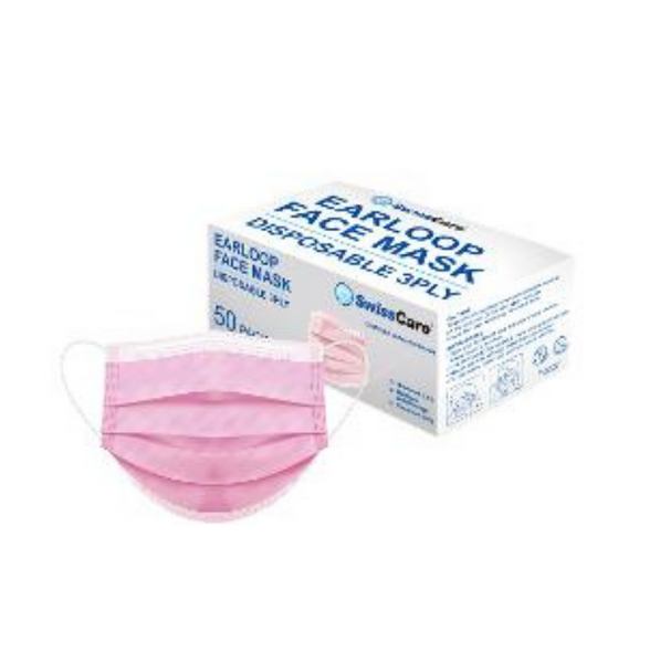 Swiss Care Earloop Face Mask Disposable 3 Ply Pink 50 Pack