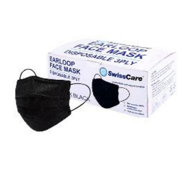 Swiss Care Earloop Face Mask Disposable 3 Ply Black 50 Pack