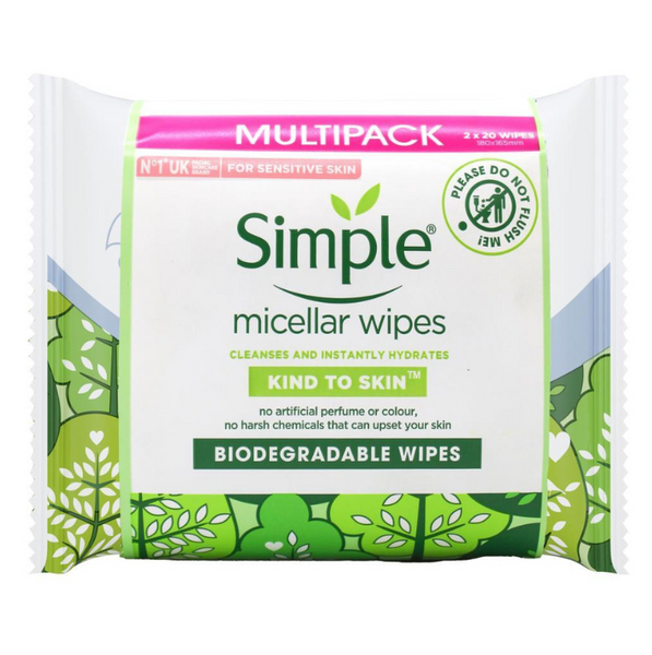 Simple Biodegradable Micellar Wipes 2 x 20 Pk