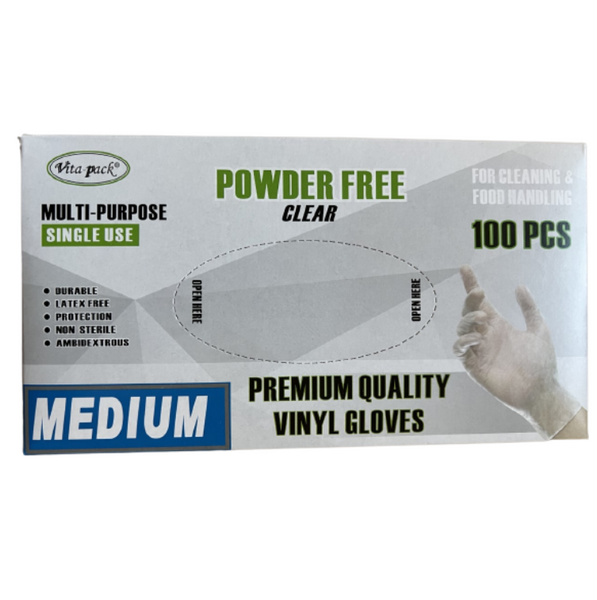 Vita Pack Powder Free Clear Vinyl Gloves Medium 100 Pcs