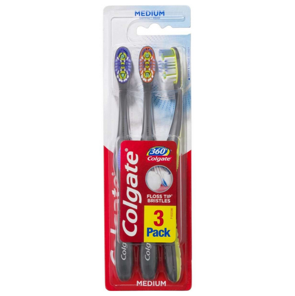 Colgate Toothbrush 360 Floss Tip Bristles Medium 3Pk Assorted Colours
