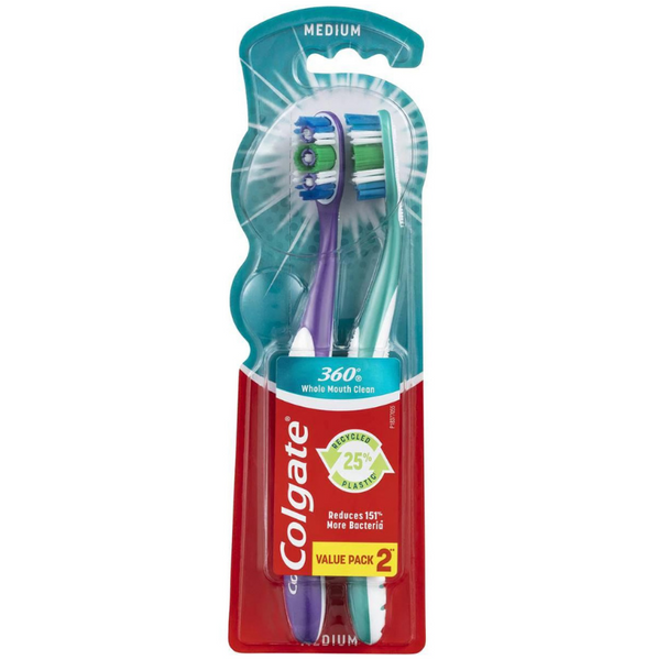 Colgate Toothbrush 360 Medium 2Pk Assorted Colours