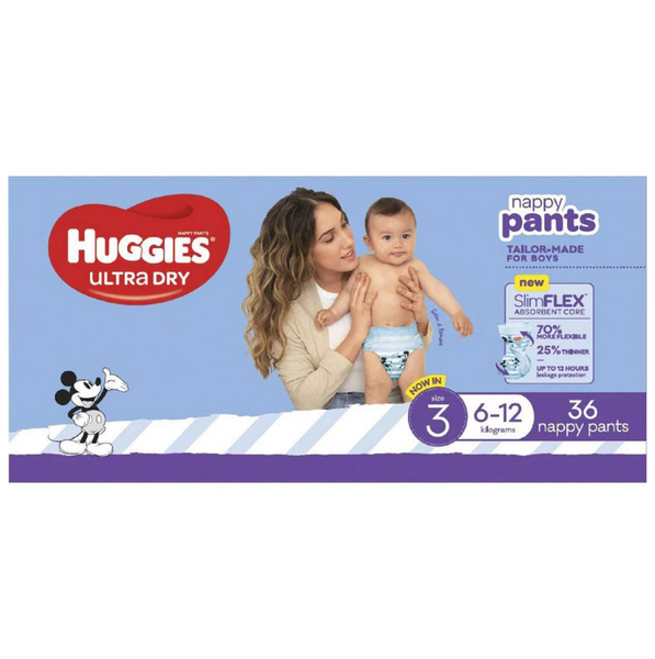 Huggies Ultra Dry Nappy Pants Boys Size3 6-12Kg 36 Pack