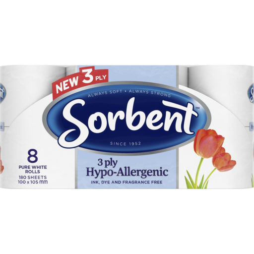 Sorbent Toilet Tissue 3 Ply Hypo-Allergenic Pure White 8 Rolls